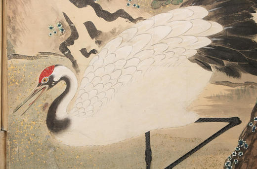 独角鹿西洋古董19世纪日本明治时期出品「劲松群鹤」主题纸本设色洒金六曲屏风 商品图6