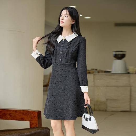 奢姿2025冬季大码女装娃娃领波点连衣裙胖妹妹复古赫本风小黑裙9954853940 商品图2