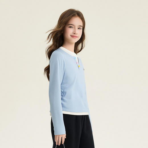 笛莎Deesha 童装女童T恤2026春新款撞色假两件长袖T恤 商品图1