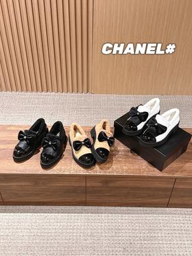 香奈儿 蝴蝶结拼接风毛绒乐福鞋休闲鞋(DBG)