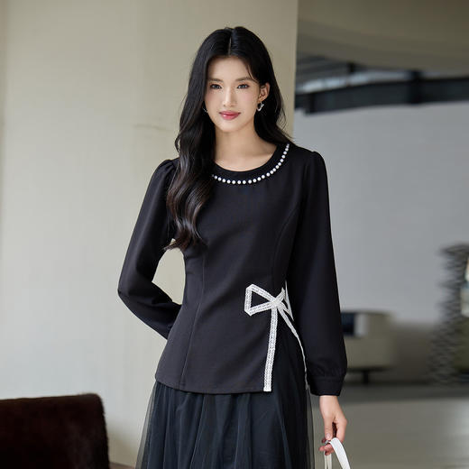 奢姿大码女装2025秋季胖妹妹时尚蝴蝶结设计气质珍珠装饰圆领上衣9953253791 商品图0