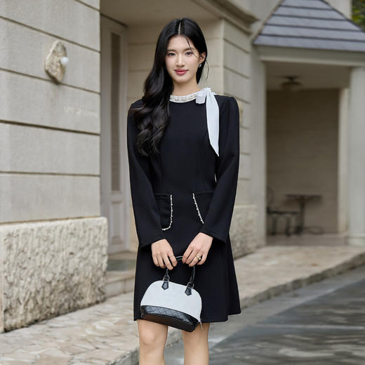 奢姿大码女装2026冬季蝴蝶结钉珠装饰裙子胖妹妹时尚圆领连衣裙9954894374 商品图4