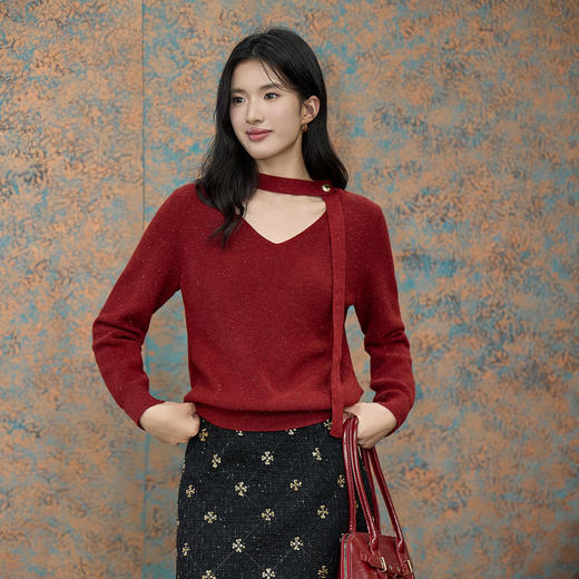 奢姿大码女装2025冬季贴颈式装饰V领针织衫胖妹妹时尚百搭上衣9854669941A 商品图2
