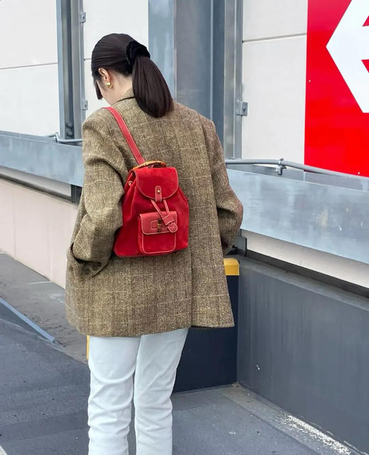 Gucci 红色 麂皮 竹节 双肩包 商品图3