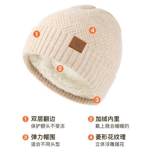 冬季双层加绒加厚针织帽子女纯色羊毛保暖防风护耳套头翻边毛线帽 商品图1