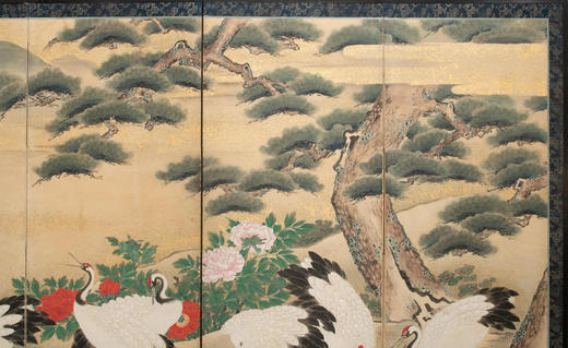 独角鹿西洋古董19世纪日本明治时期出品「劲松群鹤」主题纸本设色洒金六曲屏风 商品图3
