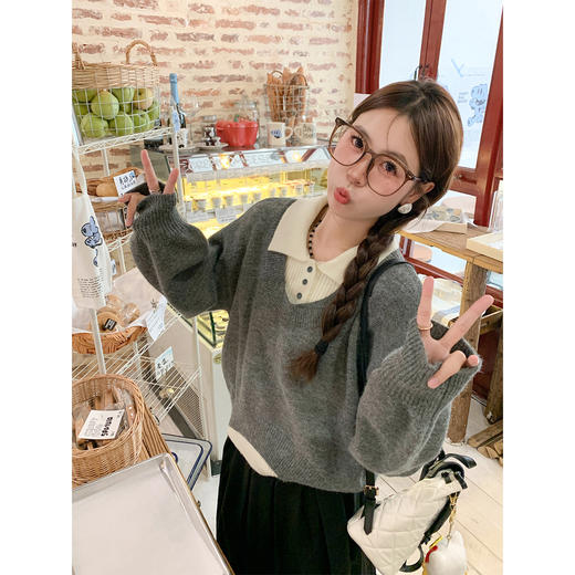 <曾小咸推荐>假两件灰色polo领毛衣 商品图0