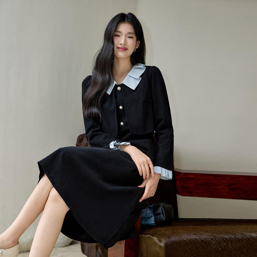 奢姿大码女装2026冬季减龄娃娃领拼接连衣裙胖妹妹灯芯绒时尚裙子9954853795 商品图2