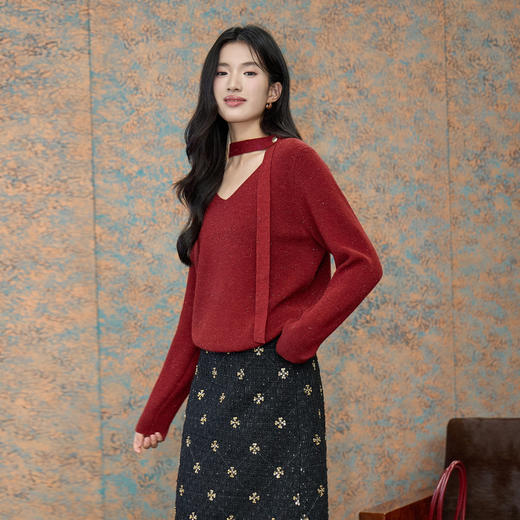 奢姿大码女装2025冬季贴颈式装饰V领针织衫胖妹妹时尚百搭上衣9854669941A 商品图1