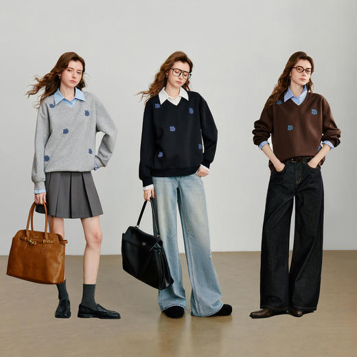 初语上衣女新款智性牛仔花棉质假两件休闲衬衫拼接卫衣 商品图4