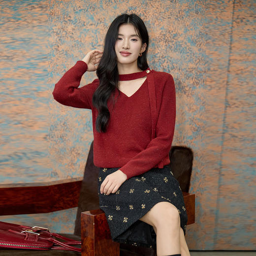 奢姿大码女装2025冬季胖妹妹时尚V领针织衫气质碎花半身裙两件套9954470625AB 商品图2