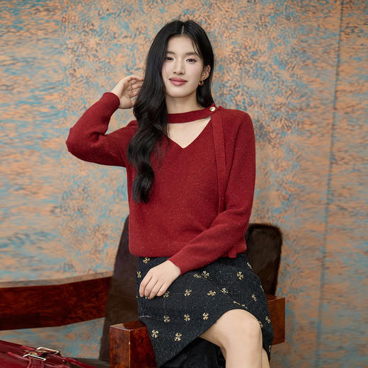 奢姿大码女装2025冬季贴颈式装饰V领针织衫胖妹妹时尚百搭上衣9854669941A 商品图0