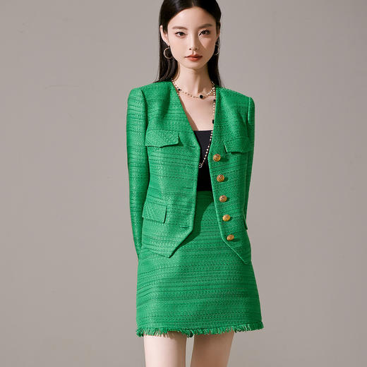 剩M 芳外优雅绿色小香风套装 单排扣短外套+流苏半裙两件套女1656 商品图2
