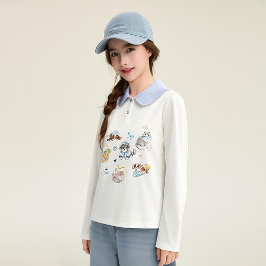 笛莎Deesha 童装女童T恤2026春新款甜美翻领萌宠印花T恤 商品图1