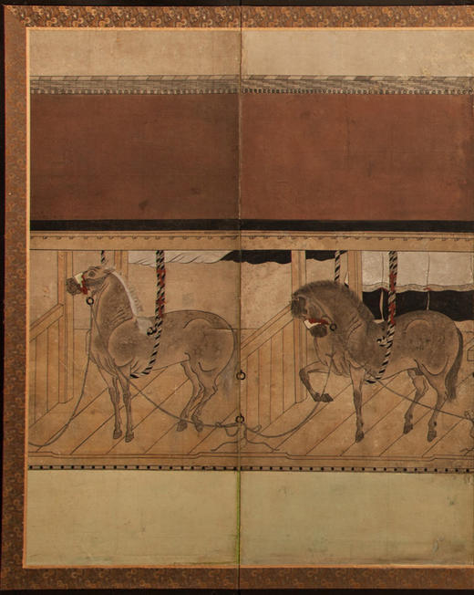 独角鹿西洋古董18世纪晚期日本江户时期出品狩野派风格「马厩」主题纸本设色六曲屏风 商品图2