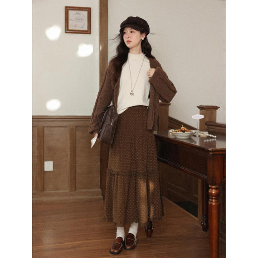 鹿向南「莫奈花园」咖色高腰半身裙女冬季波点宽松显瘦A字长裙子 商品图3