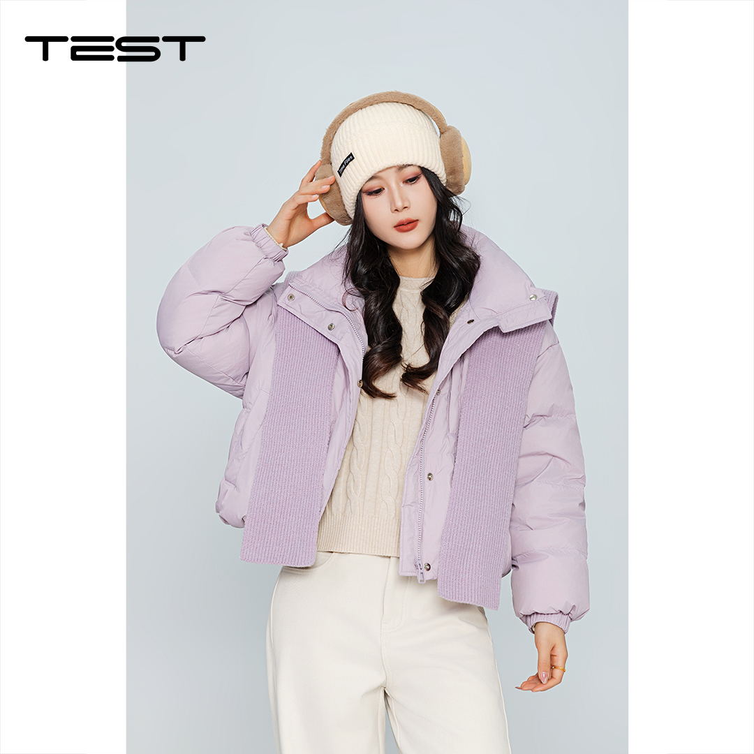 冬上新时尚温柔淡紫拼接坑条棉衣2254195