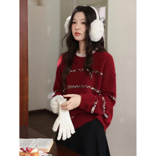 鹿向南「微醺甜茶」红色圆领长袖针织毛衣女冬季小众宽松叠穿上衣 商品图0