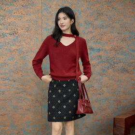 奢姿大码女装2025冬季胖妹妹时尚V领针织衫气质碎花半身裙两件套9954470625AB