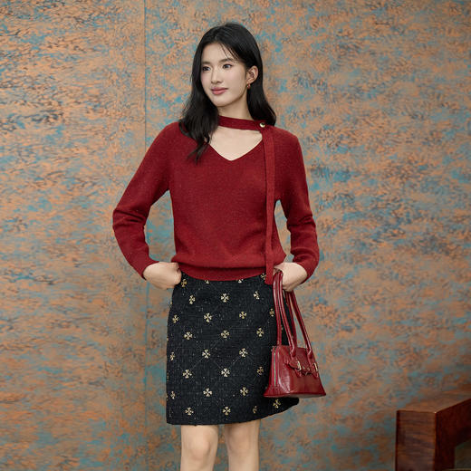 奢姿大码女装2025冬季胖妹妹时尚V领针织衫气质碎花半身裙两件套9954470625AB 商品图0