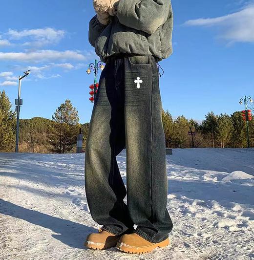 D122452新款两色贴皮标重工水洗串标相拼加绒加厚牛仔裤 商品图6