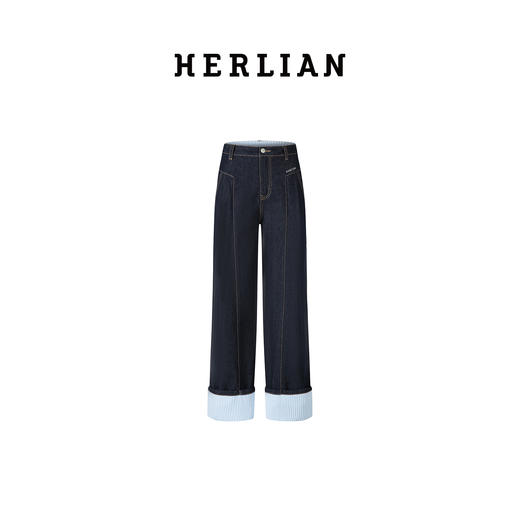 Herlian2025年秋季新品女士牛仔裤裤脚拼接格纹原牛色宽松休闲裤 商品图4