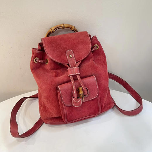 Gucci 红色 麂皮 竹节 双肩包 商品图0