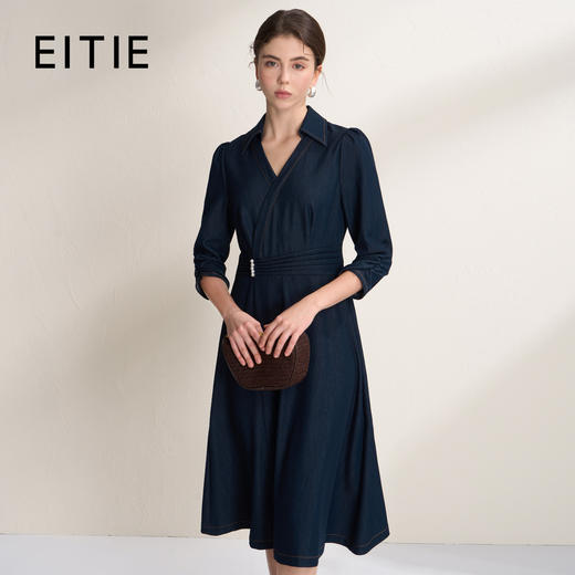EITIE爱特爱翻领通勤收腰不对称设计仿牛仔2026春新款连衣裙A2607131 商品图0