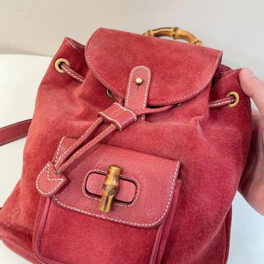 Gucci 红色 麂皮 竹节 双肩包 商品图1