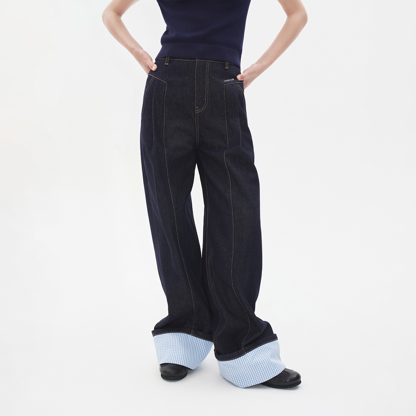 Herlian2025年秋季新品女士牛仔裤裤脚拼接格纹原牛色宽松休闲裤