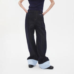 Herlian2025年秋季新品女士牛仔裤裤脚拼接格纹原牛色宽松休闲裤