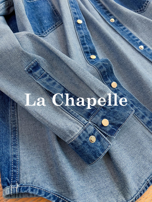 专柜实拍【撞色衬衫】拉夏贝尔/La Chapelle单宁回潮~复古牛仔衬衫长袖设计感宽松衬衣外套 商品图8
