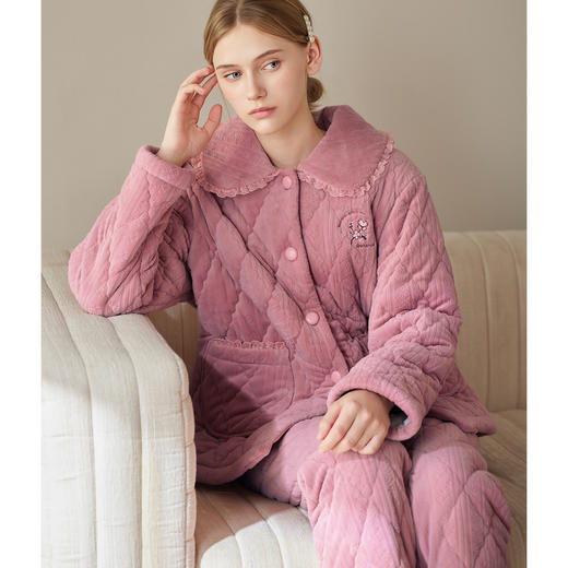 芬腾睡衣女冬季三层加厚珊瑚绒夹棉套装女款加绒抗静电家居服棉袄 商品图3