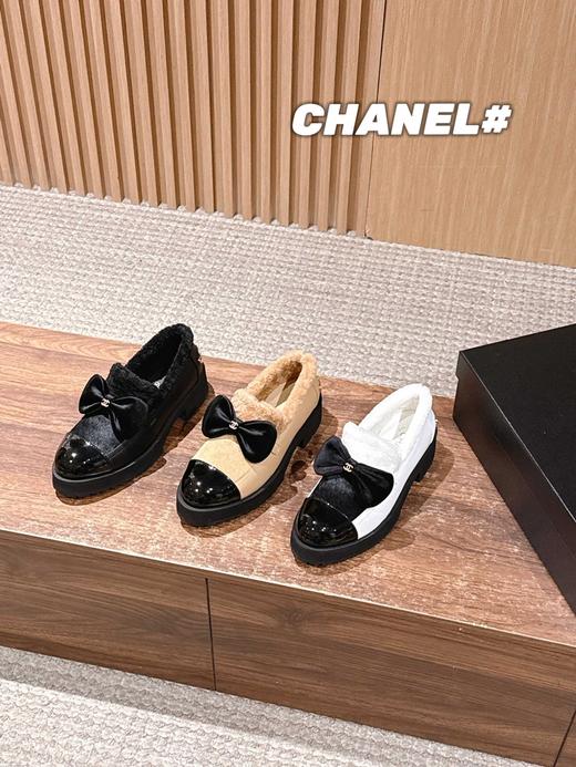 香奈儿 蝴蝶结拼接风毛绒乐福鞋休闲鞋(DBG) 商品图2