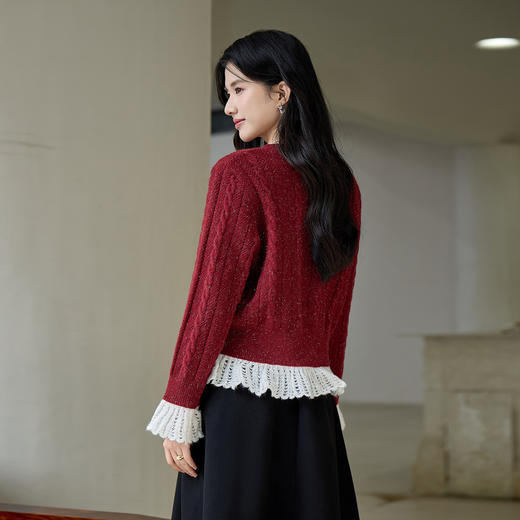 奢姿大码女装2025冬季时尚蕾丝撞色针织开衫胖妹妹气质减龄上衣9554670565 商品图3