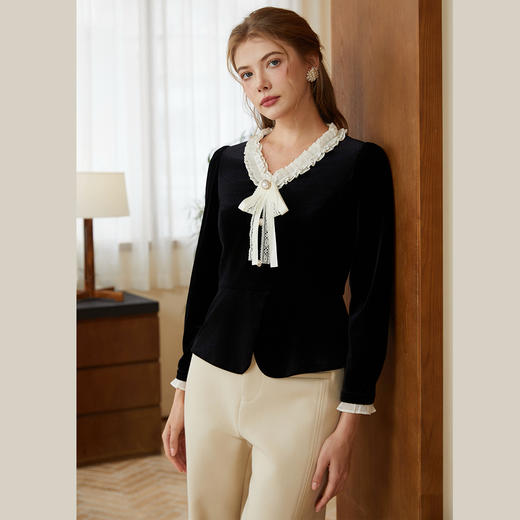 司歌丝绒弹力v领长袖上衣收腰秋冬B921280X 商品图0
