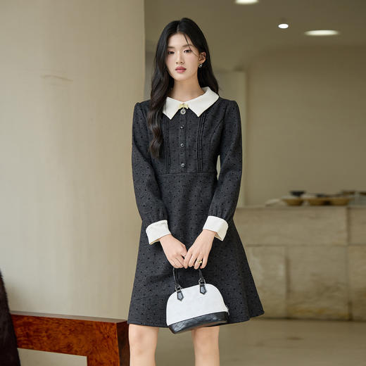 奢姿2025冬季大码女装娃娃领波点连衣裙胖妹妹复古赫本风小黑裙9954853940 商品图4