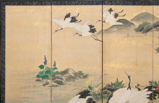 独角鹿西洋古董19世纪日本明治时期出品「劲松群鹤」主题纸本设色洒金六曲屏风 商品图1