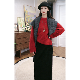 火桐hooton 鎏光韵红 花纱金丝山羊绒拉绒圆领上衣82789