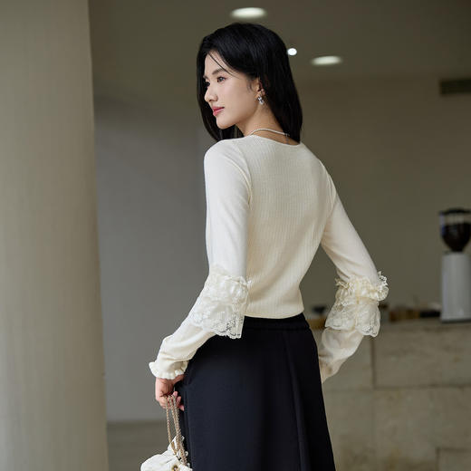 奢姿大码女装2025冬季减龄蕾丝花边V领上衣胖妹妹时尚百搭针织衫9853603097 商品图3