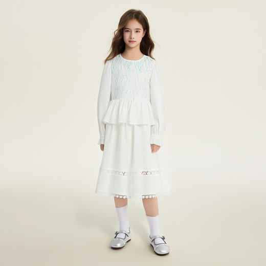 笛莎Deesha 童装女童连衣裙2026春新款淑女白色连衣裙 商品图2