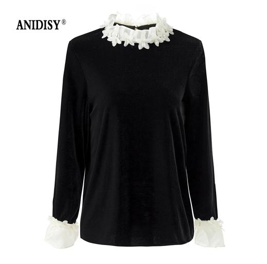 2026春装法式浪漫高贵洋气四方立绒衬衫蕾丝花瓣领上装 商品图3