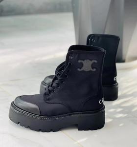  重磅经典   Cel经典厚底马丁靴  帆布拼皮系带机车靴
