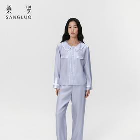 藤萝紫』桑罗撞色娃娃领睡衣套装桑蚕丝女长袖家居服外穿