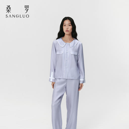 藤萝紫』桑罗撞色娃娃领睡衣套装桑蚕丝女长袖家居服外穿 商品图0