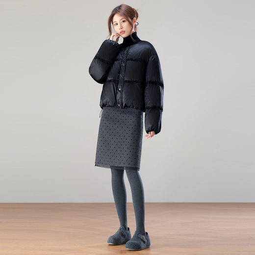 「自」全新升级【铂金会员146/天猫199/差价53】(14025)洛诗琳气质波点毛呢半身裙2025冬季高腰显瘦花边拼接包臀裙 商品图2