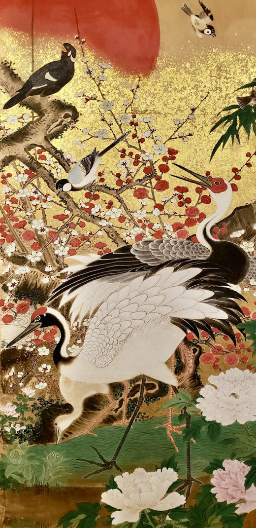 独角鹿西洋古董19世纪初日本江户时期出品狩野派风格「旭日花鸟走兽」主题金地纸本设色六曲屏风 商品图8