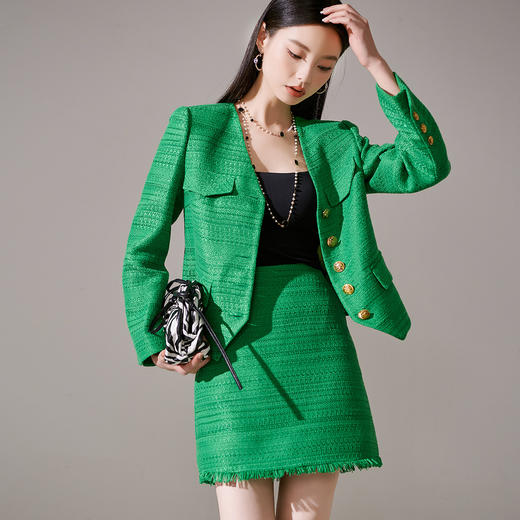 剩M 芳外优雅绿色小香风套装 单排扣短外套+流苏半裙两件套女1656 商品图1