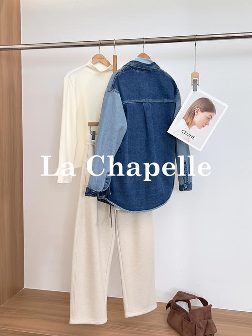 专柜实拍【撞色衬衫】拉夏贝尔/La Chapelle单宁回潮~复古牛仔衬衫长袖设计感宽松衬衣外套 商品图1