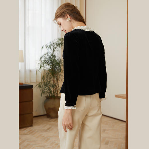 司歌丝绒弹力v领长袖上衣收腰秋冬B921280X 商品图3